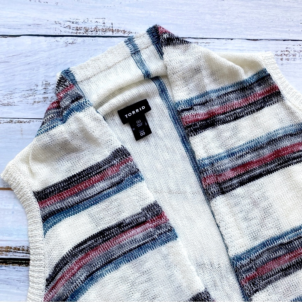 Torrid Striped Sweater Vest Open Cardigan Fringe Knit Top Shawl Womens 00 10 M L
